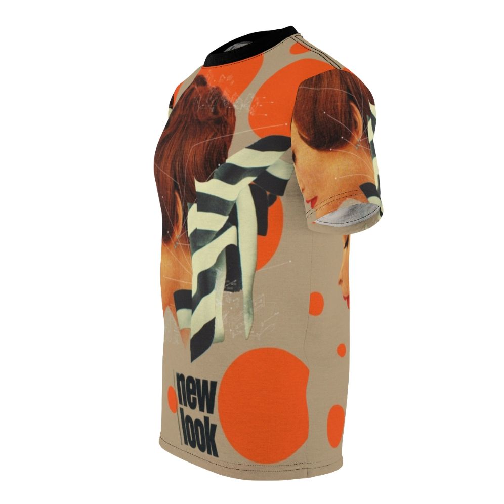 A stylish vintage-inspired geometric pop art aop t-shirt featuring a portrait of a woman with ginger hair. - men left