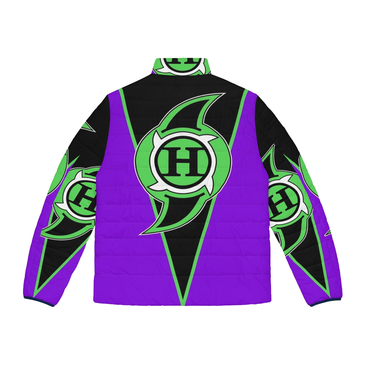 A classic purple puffer jacket with a hurricane logo, perfect for wrestling fans and cosplay - Back