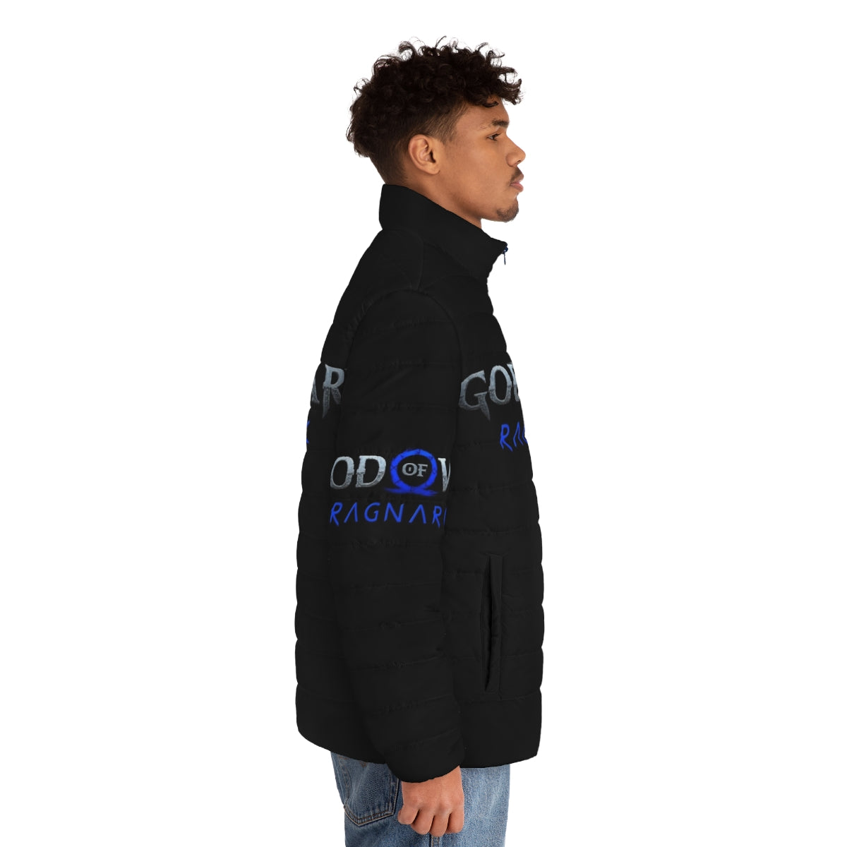 God of War Ragnarok Puffer Jacket featuring the iconic Norse mythology characters - men side right