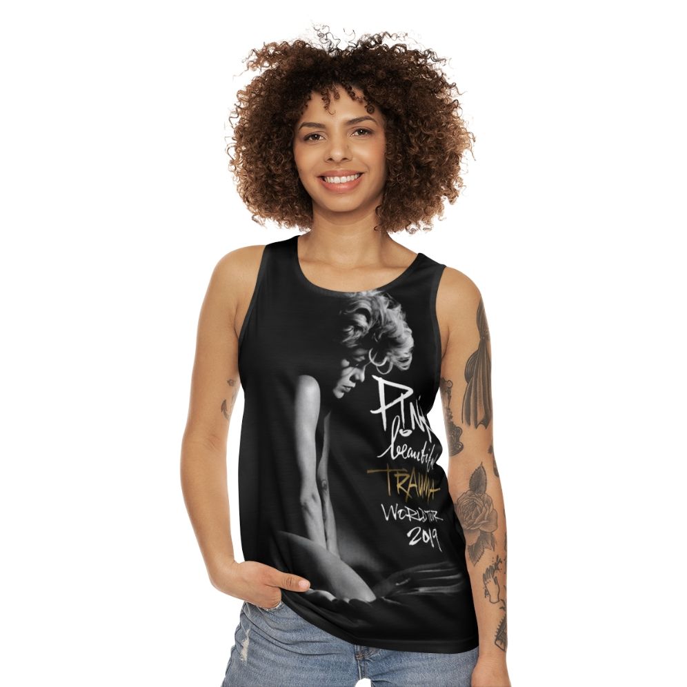 Unisex pink tank top with music and trauma recovery design - women