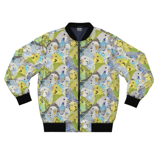 Budgie parakeet bomber jacket with colorful bird pattern