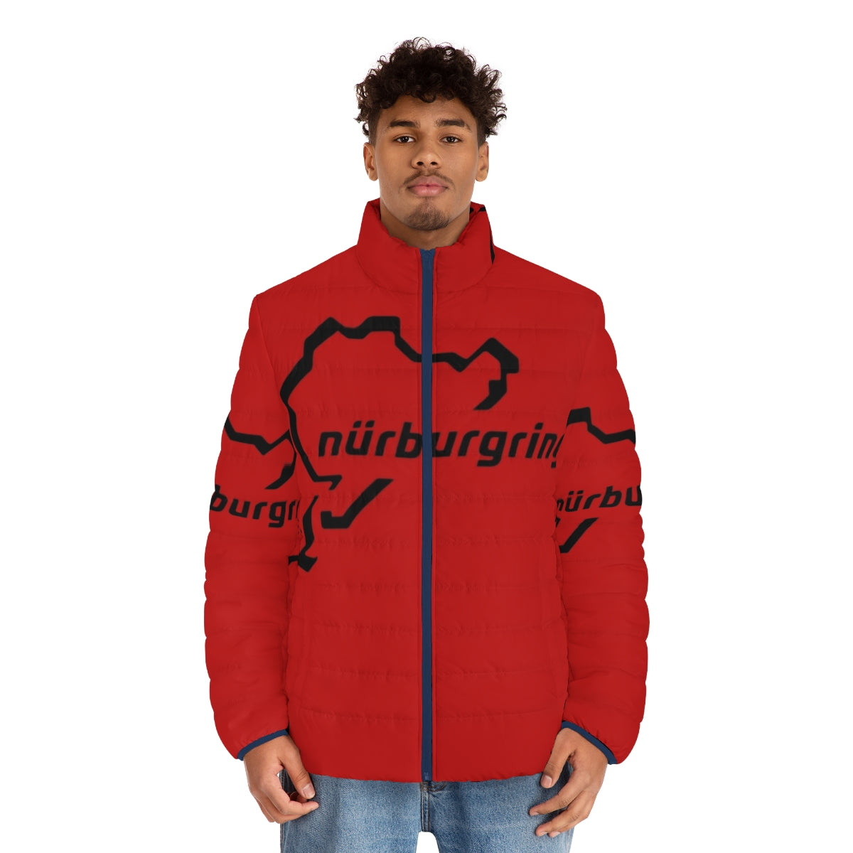 Puffer jacket with Nürburgring and high-performance car graphics - men front