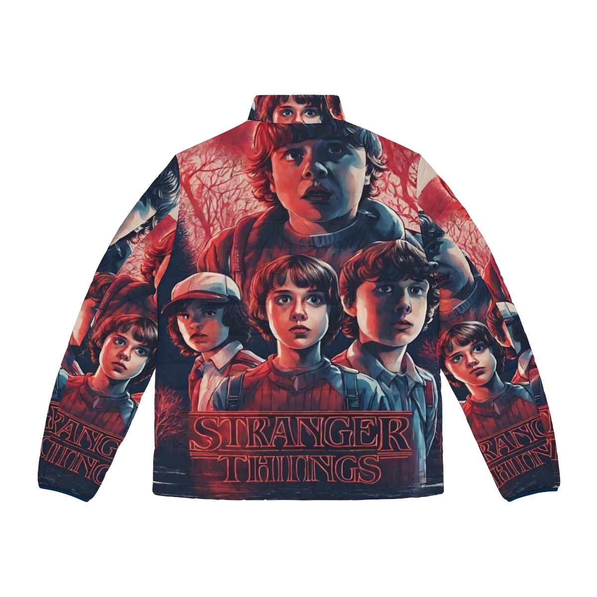 Stranger Things inspired puffer jacket featuring characters and elements from the popular sci-fi/horror series - Back