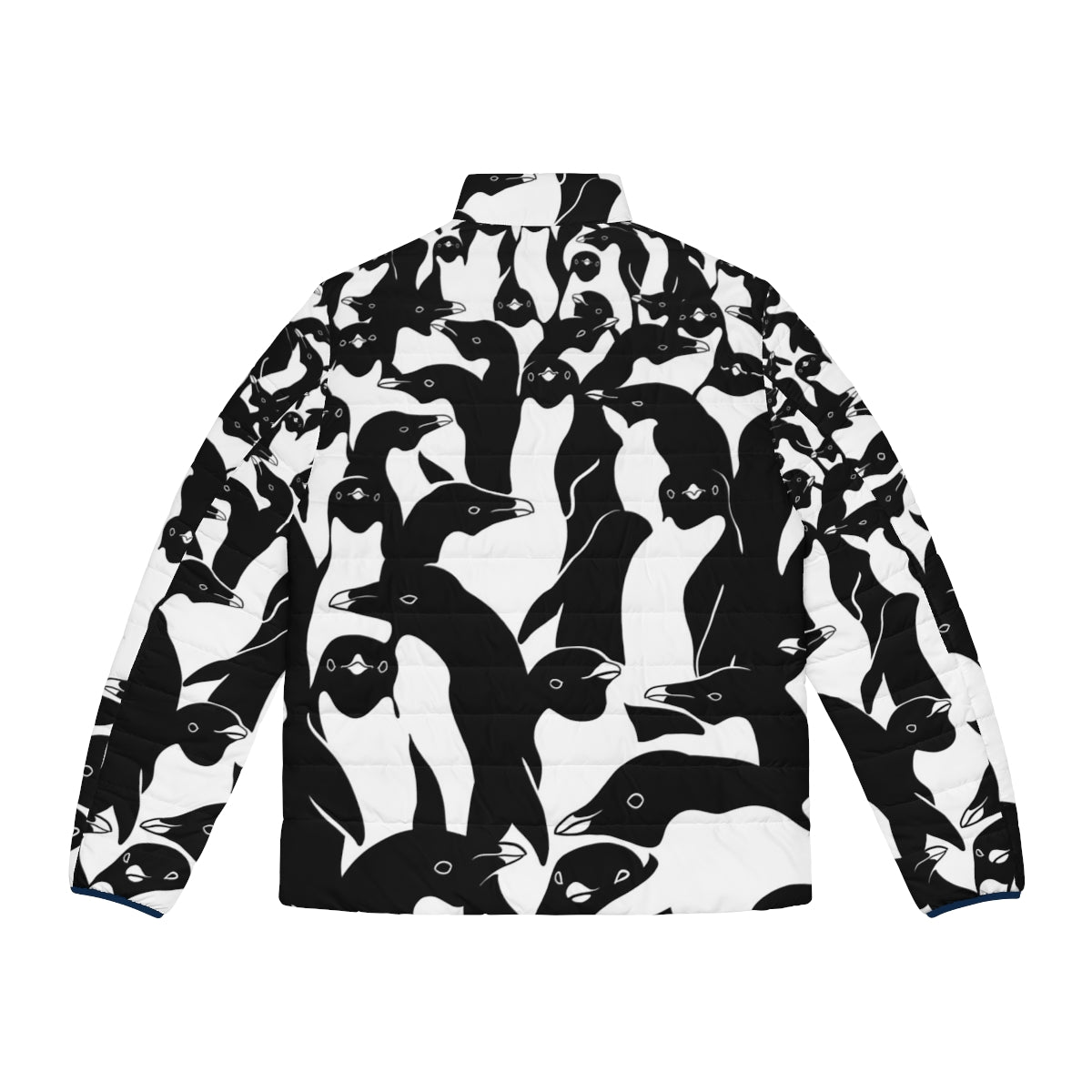 A puffer jacket featuring a crowd of penguins in a camo pattern, perfect for winter weather. - Back