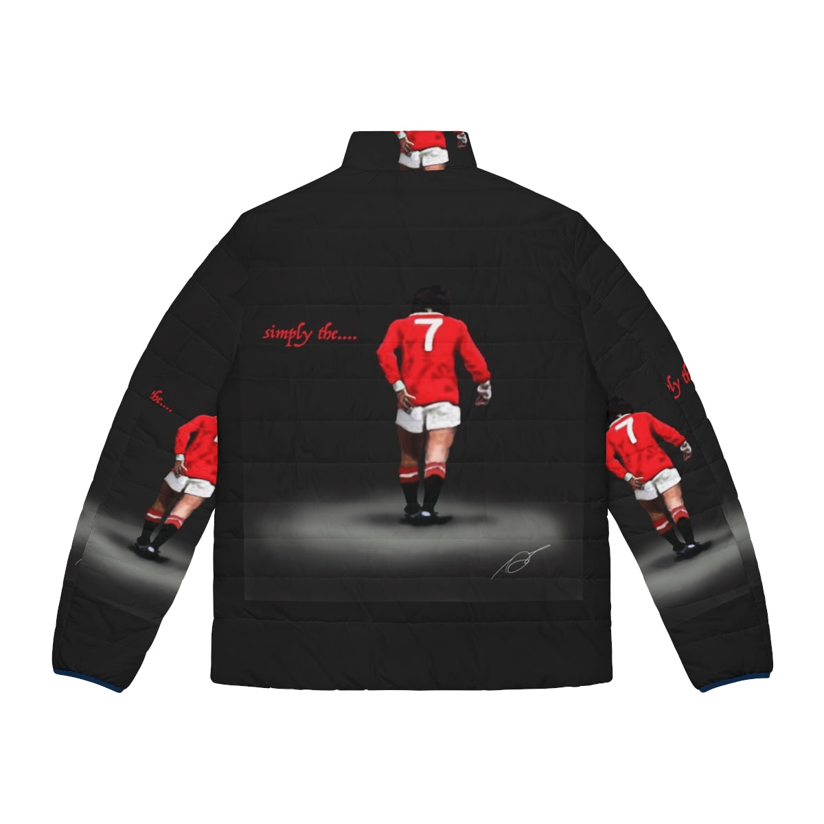 Stylish puffer jacket featuring a digital drawing of football legend George Best - Back