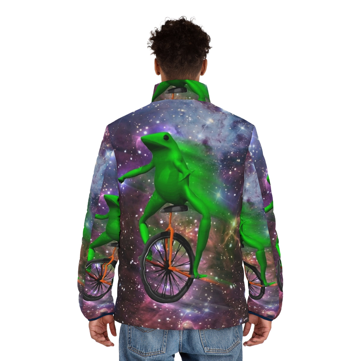 Dat Boi meme puffer jacket with astronaut and outer space design - men back