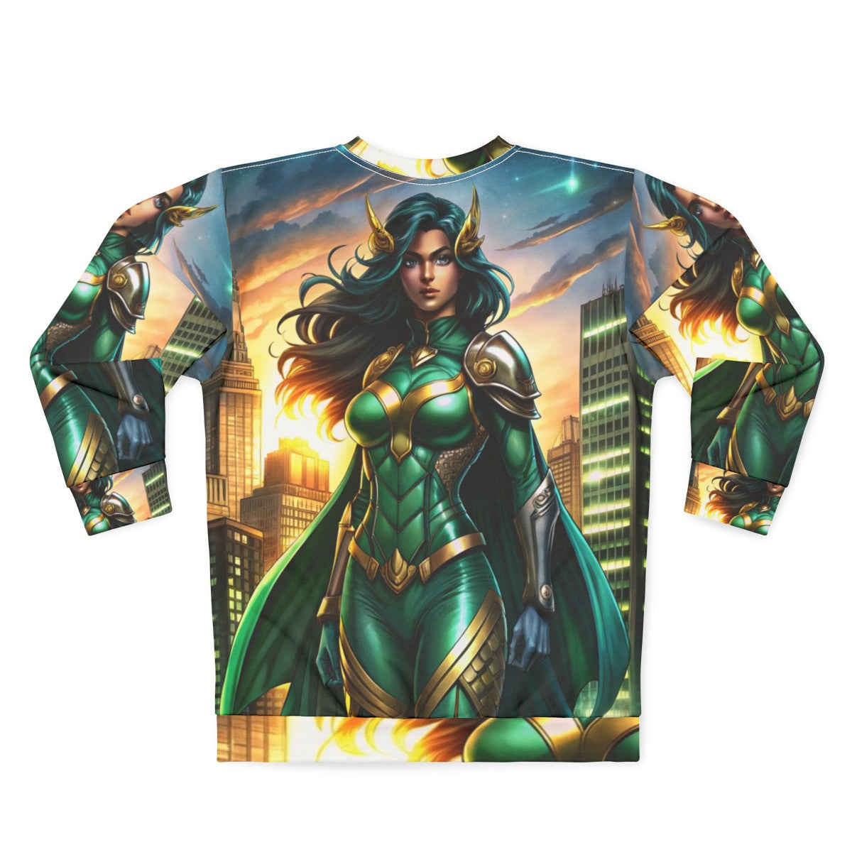 Empowered superhero woman in emerald armor standing in front of city skyline - Back