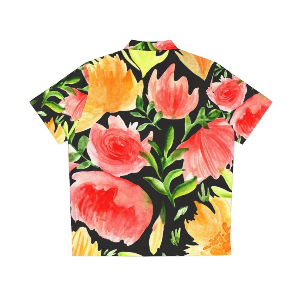 Watercolor floral Hawaiian shirt with black background - Back