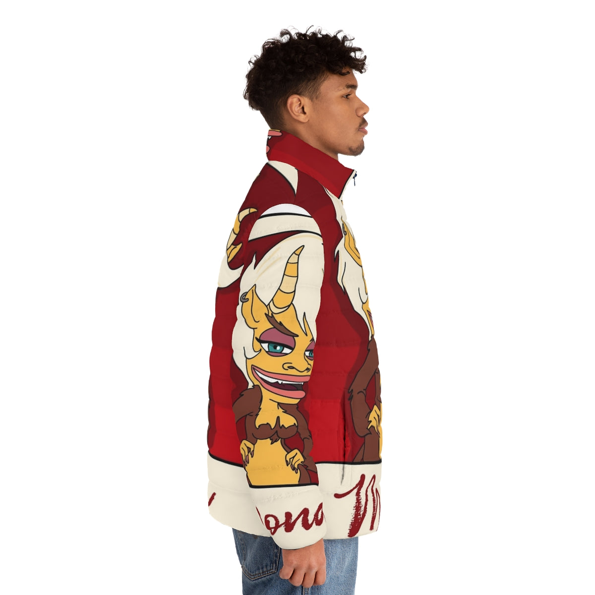 Big Mouth Hormone Monster Mona Puffer Jacket with anime-inspired design - men side right