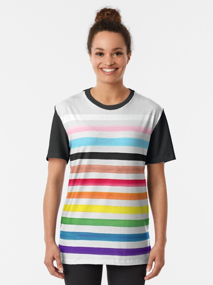 Progress pride flag graphic t-shirt with inclusive LGBTQ+ and social justice colors and symbols - Women