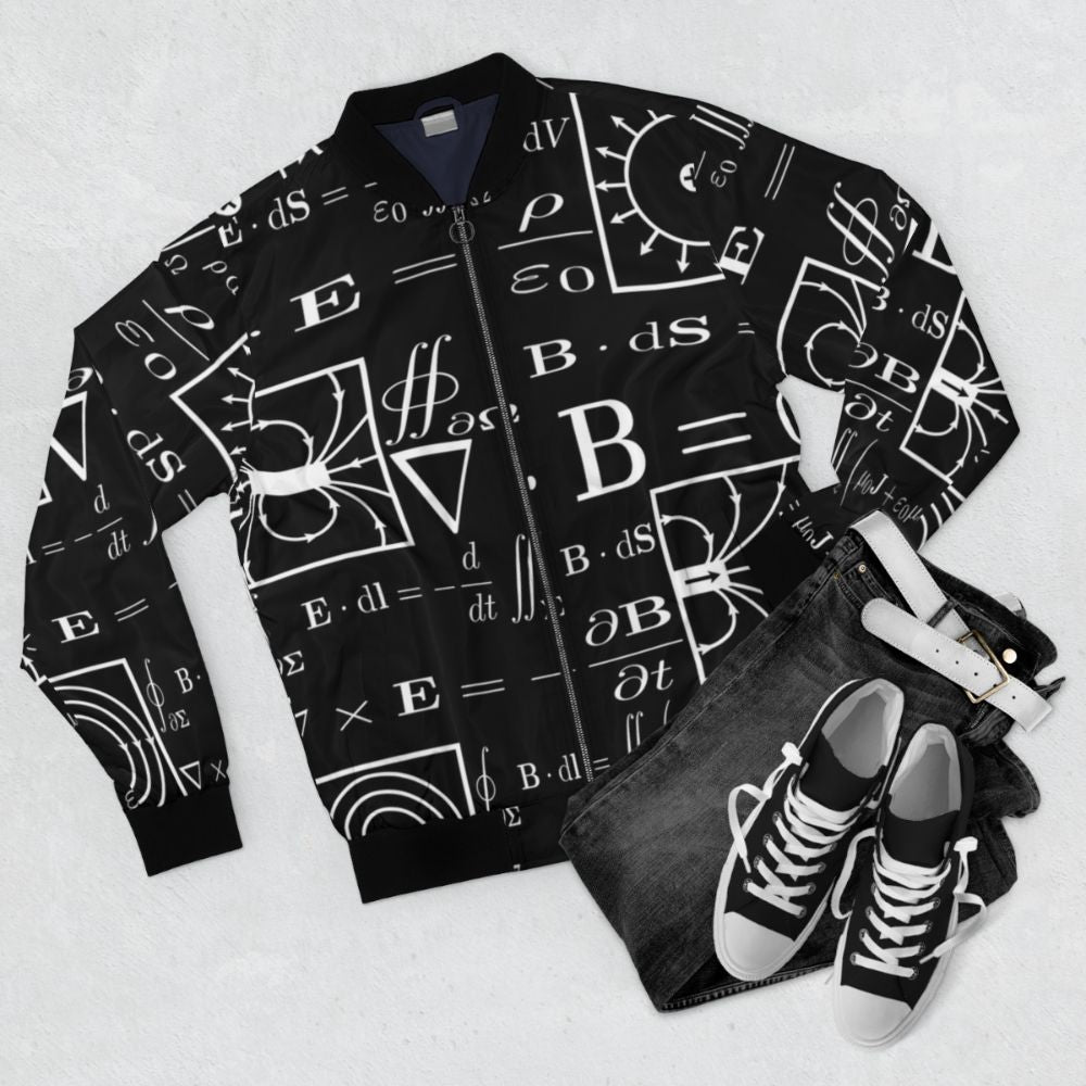 Maxwell's Equations Bomber Jacket featuring visual representations of the fundamental laws of electromagnetism - Flat lay