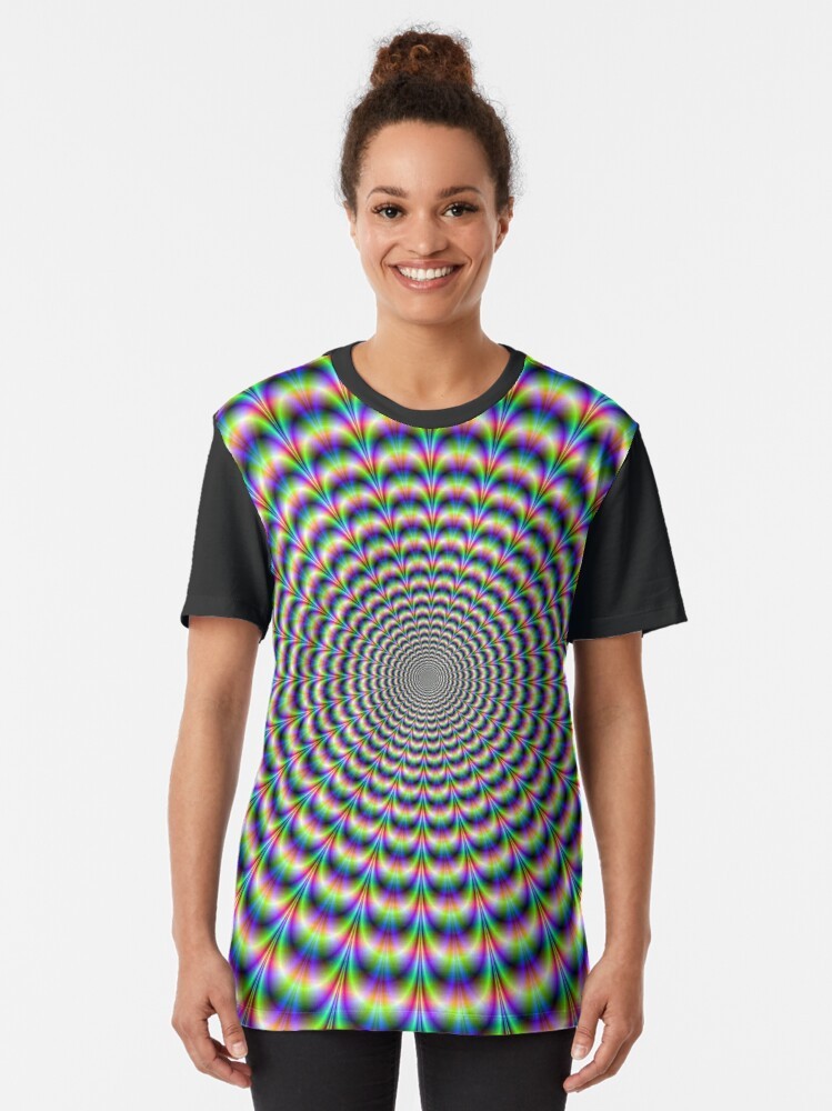 A psychedelic, abstract, fractal, and geometric optical illusion graphic t-shirt. - Women