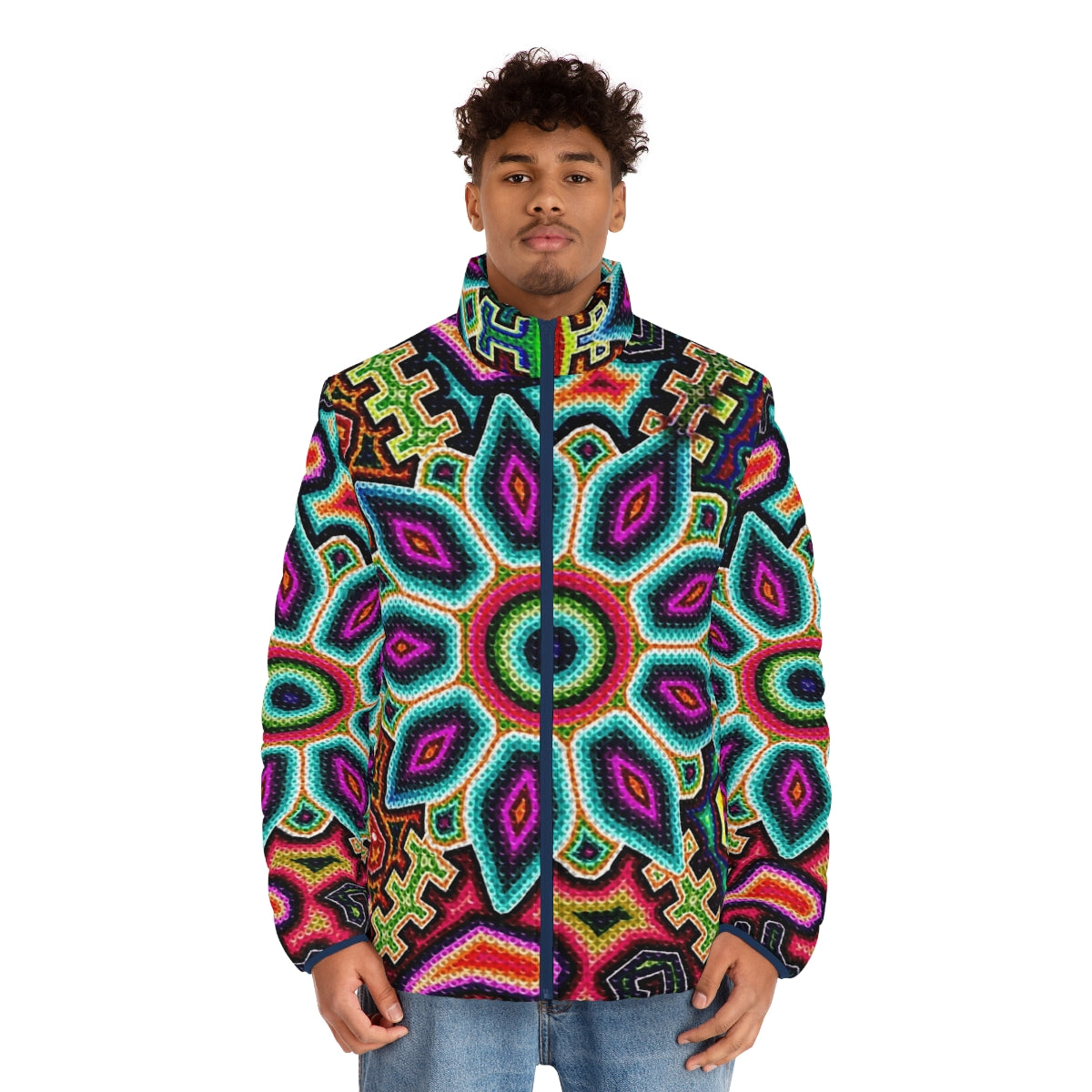 Huichol Art Mexico Puffer Jacket with Vibrant Colors and Traditional Designs - men front