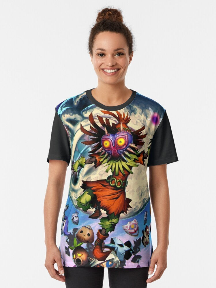 Majora's Mask graphic design on a t-shirt, featuring characters and symbols from the Legend of Zelda video game series. - Women