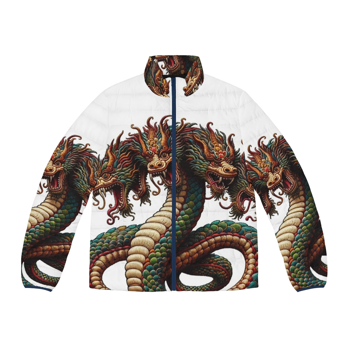 Embroidered hydra puffer jacket with legendary creature design