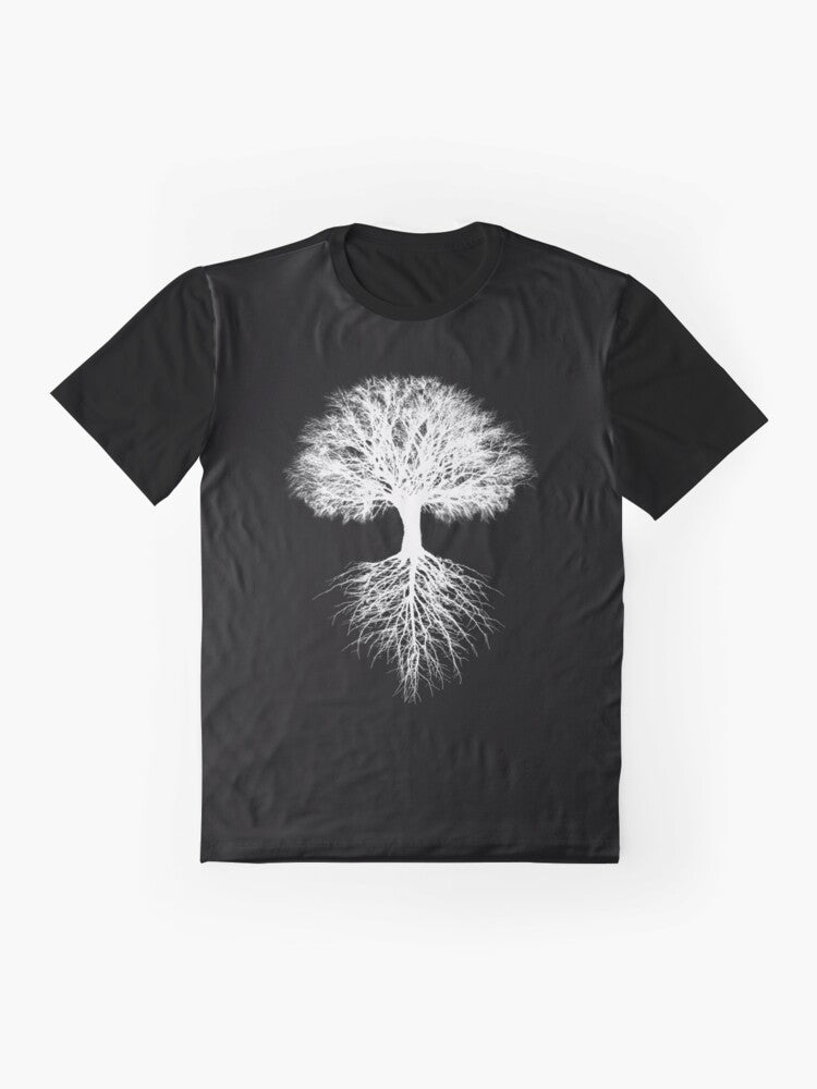 A graphic t-shirt featuring a stylized tree of life design, representing the interconnectedness of nature and the environment. - Flat lay