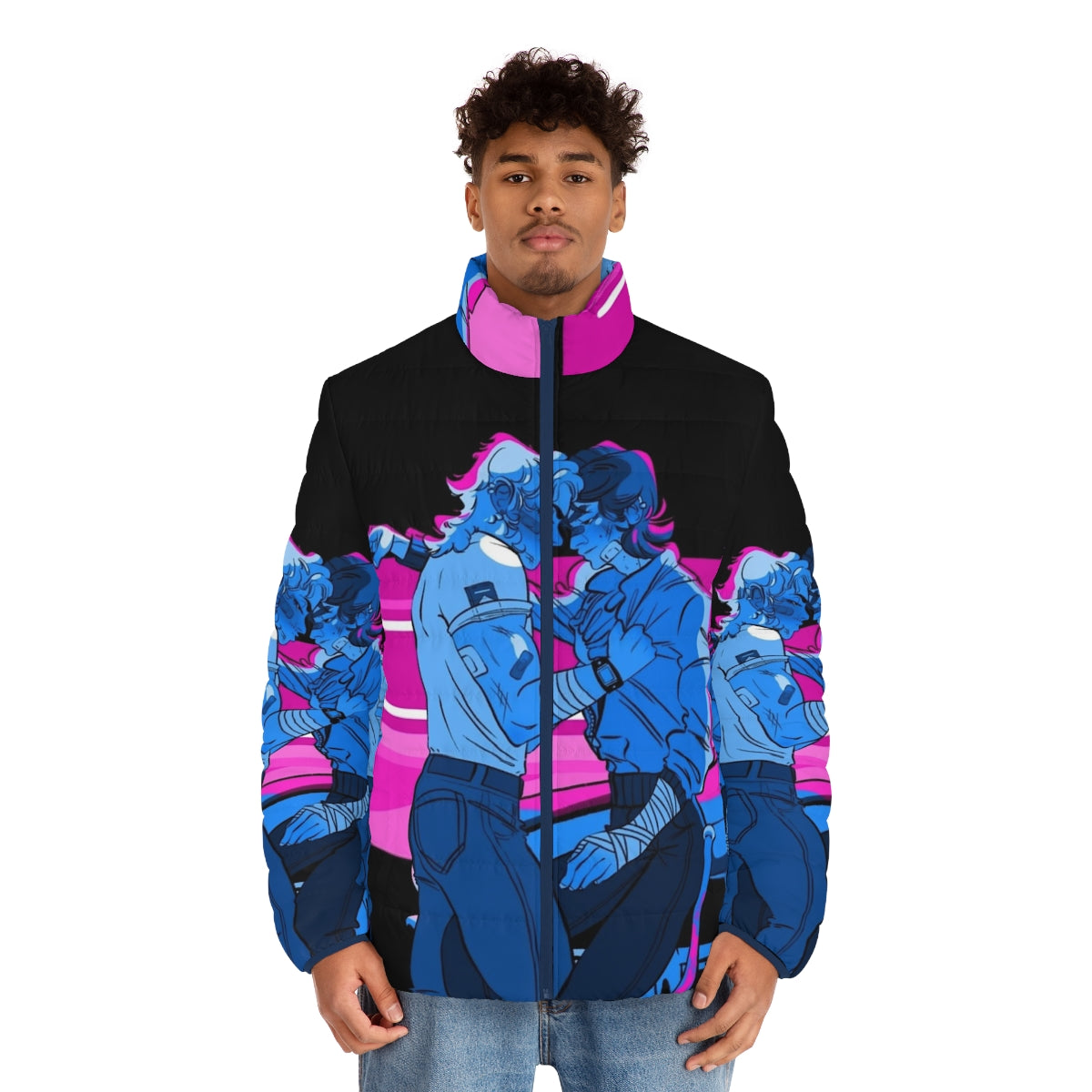 Harringrove-inspired blue puffer jacket with sunset design - men front