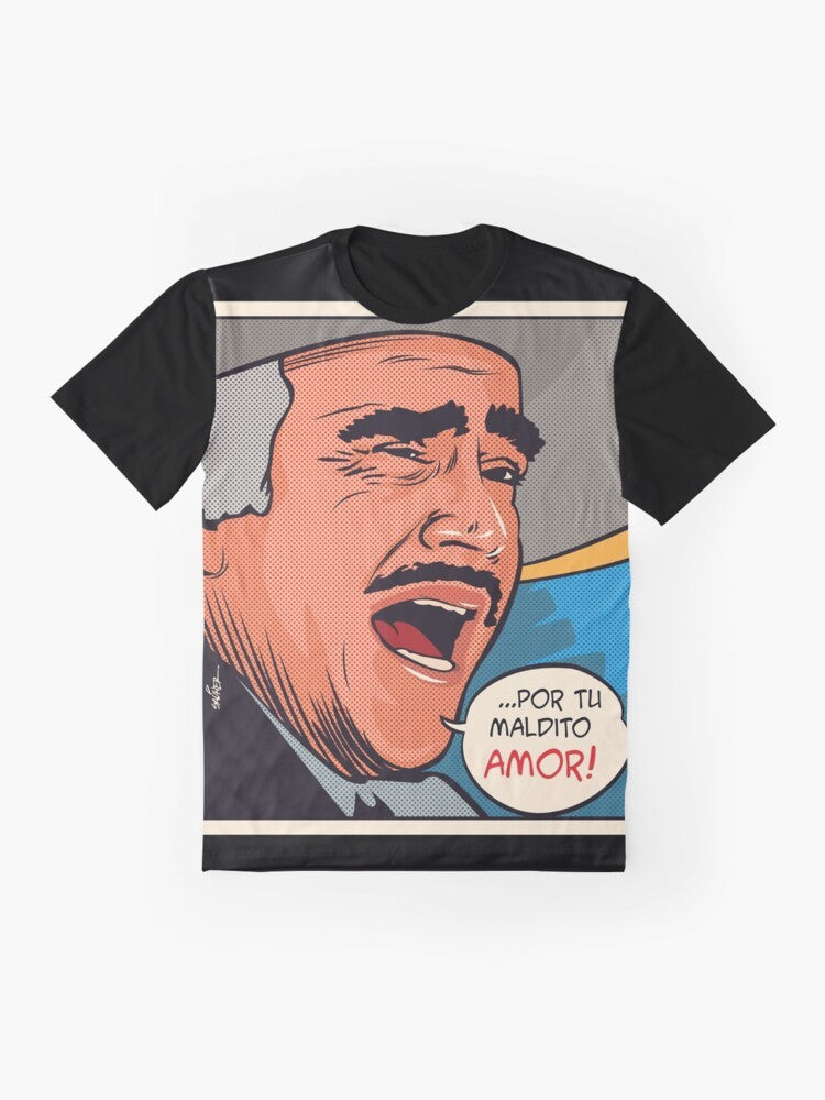 Vibrant graphic t-shirt featuring the iconic Mexican singer Vicente Fernandez in traditional charro attire. - Flat lay