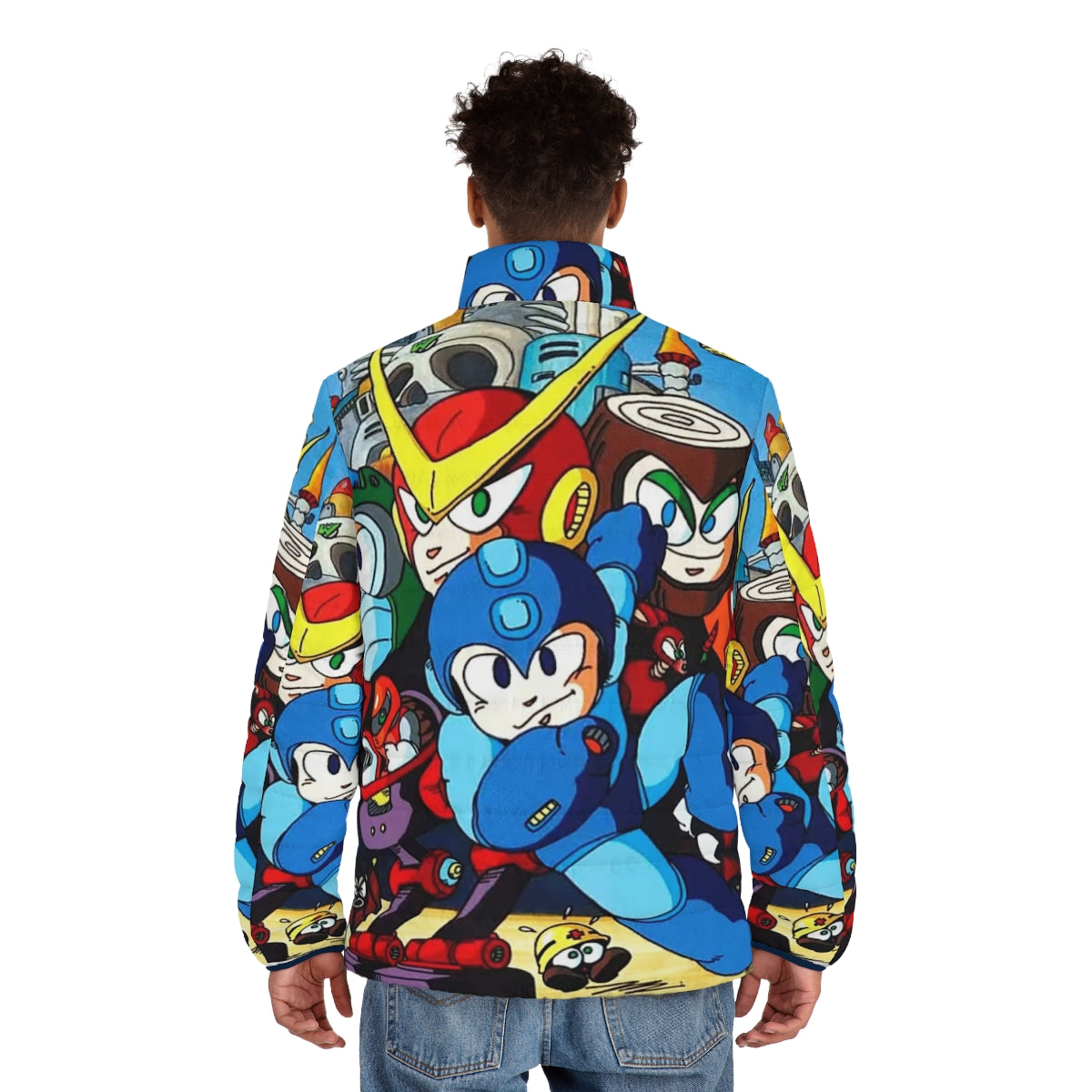 Mega Man 2 inspired puffer jacket with retro video game graphics - men back