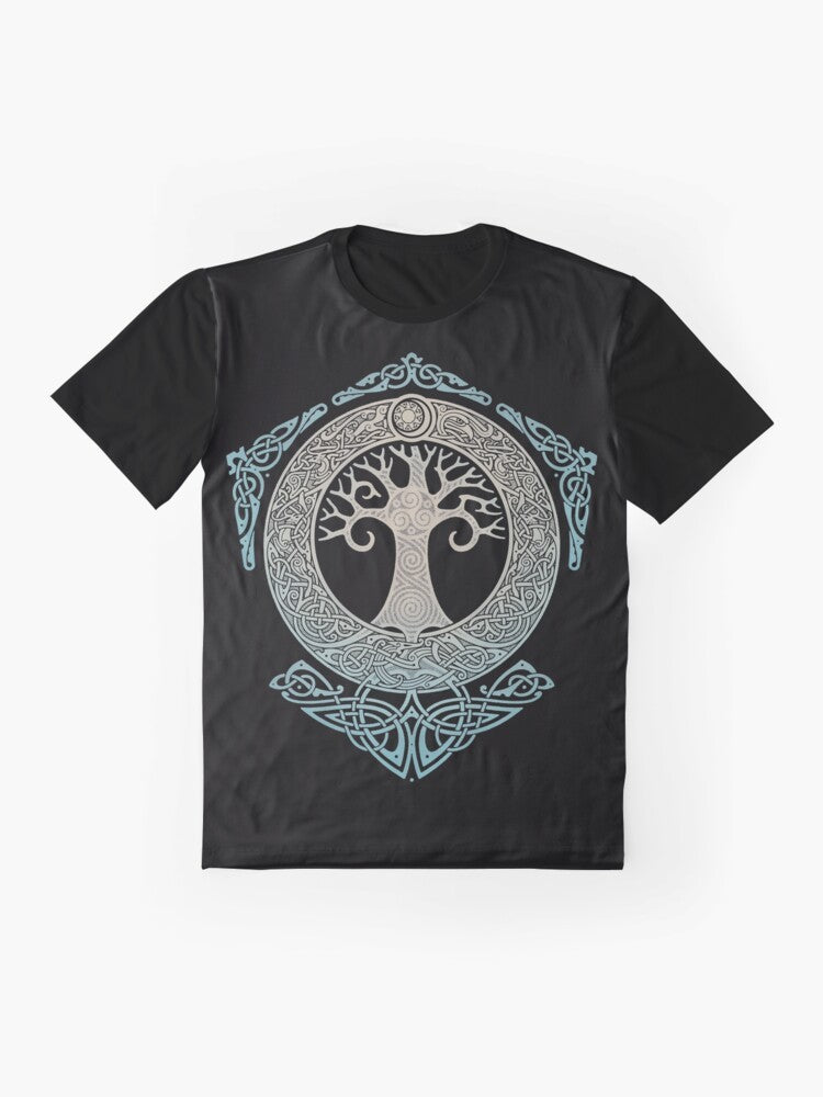 Graphic t-shirt design featuring Yggdrasil, the mythical tree of life from Norse mythology - Flat lay