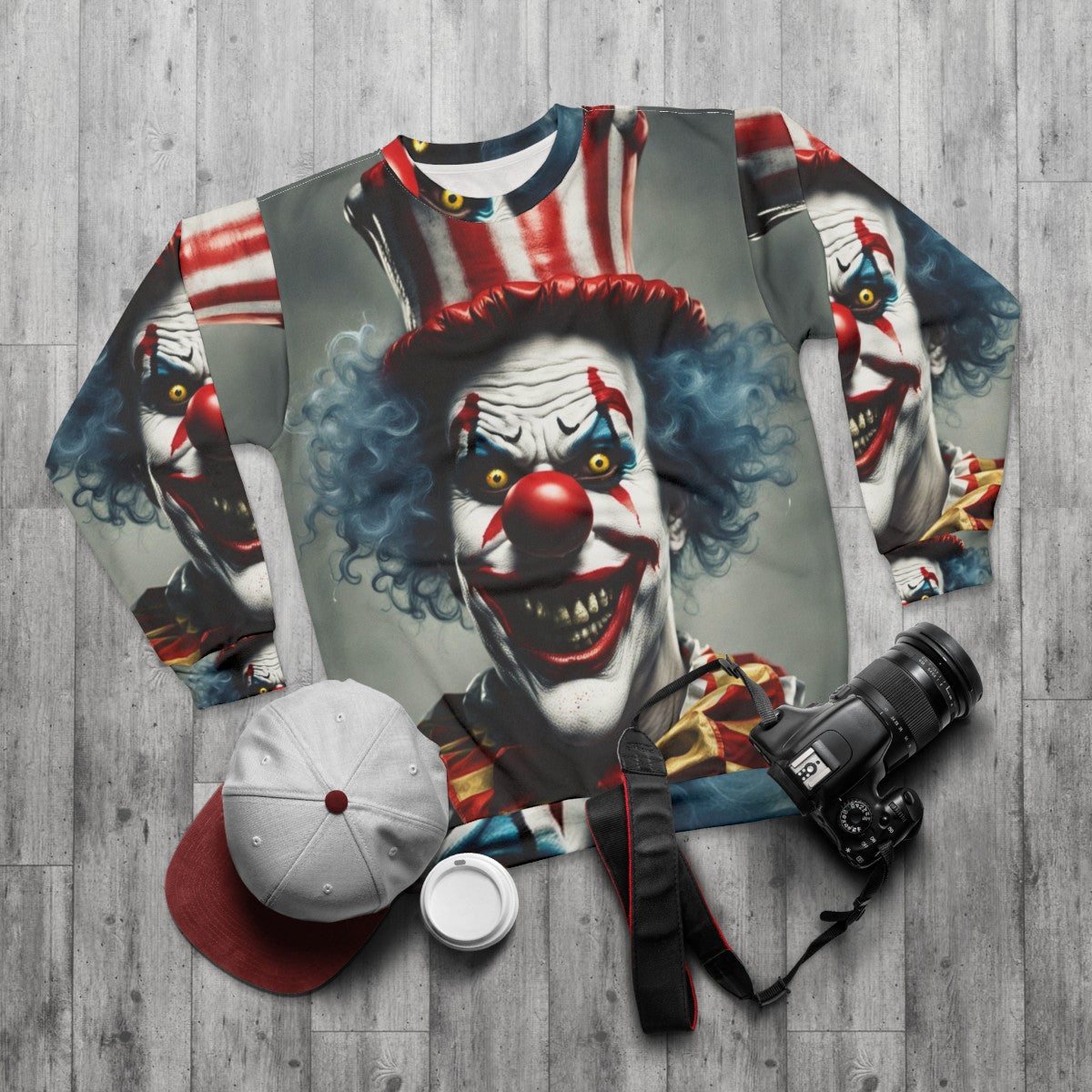 Creepy clown face on a black sweatshirt - flat lay