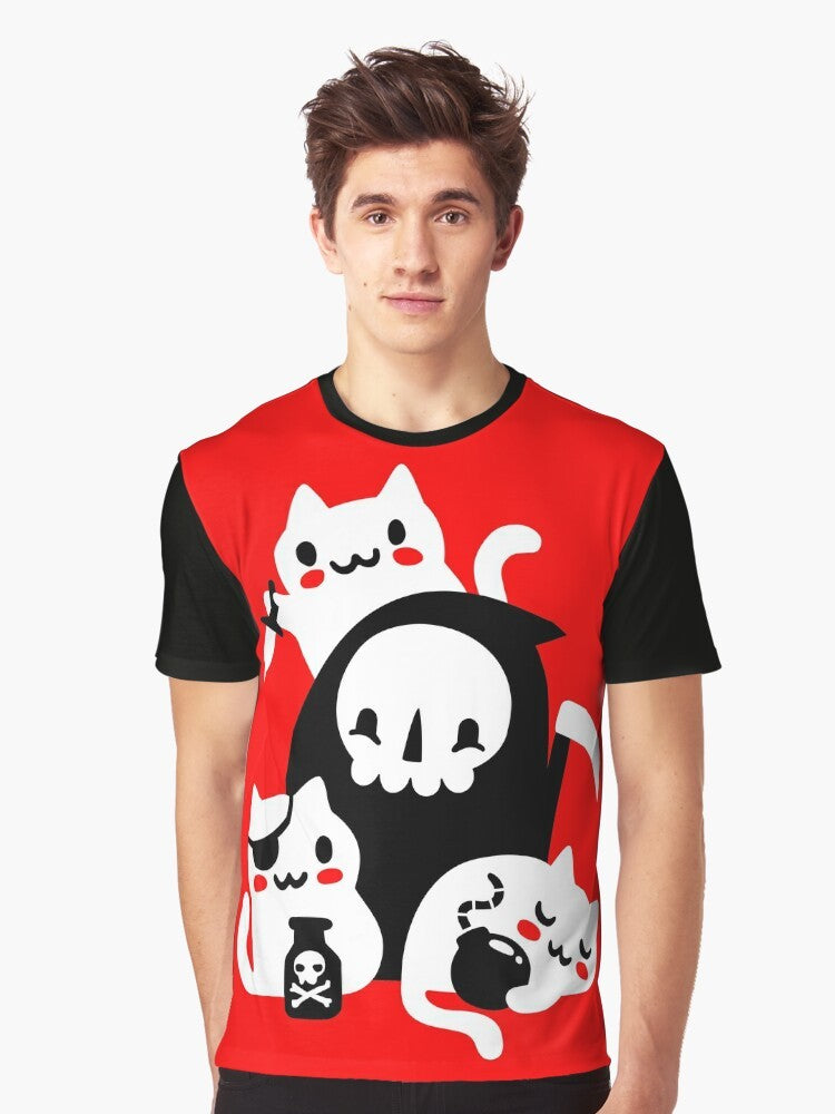 Funny cat graphic t-shirt with a grim reaper and skull design - Men