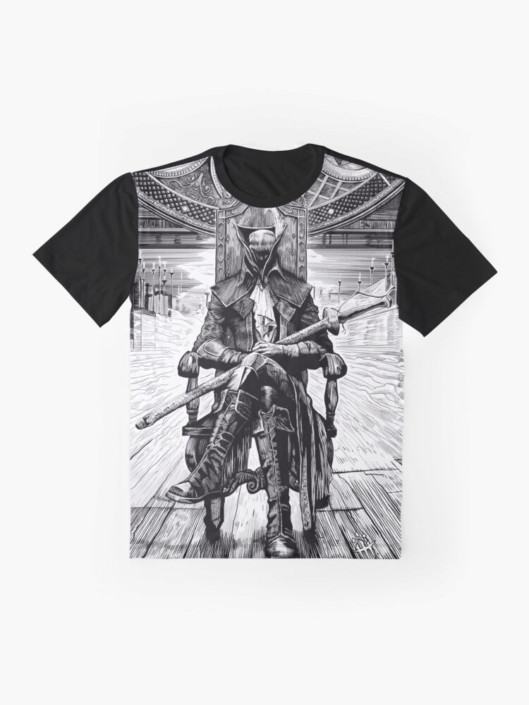 Lady Maria, a character from the video game Bloodborne, on a graphic t-shirt design. - Flat lay