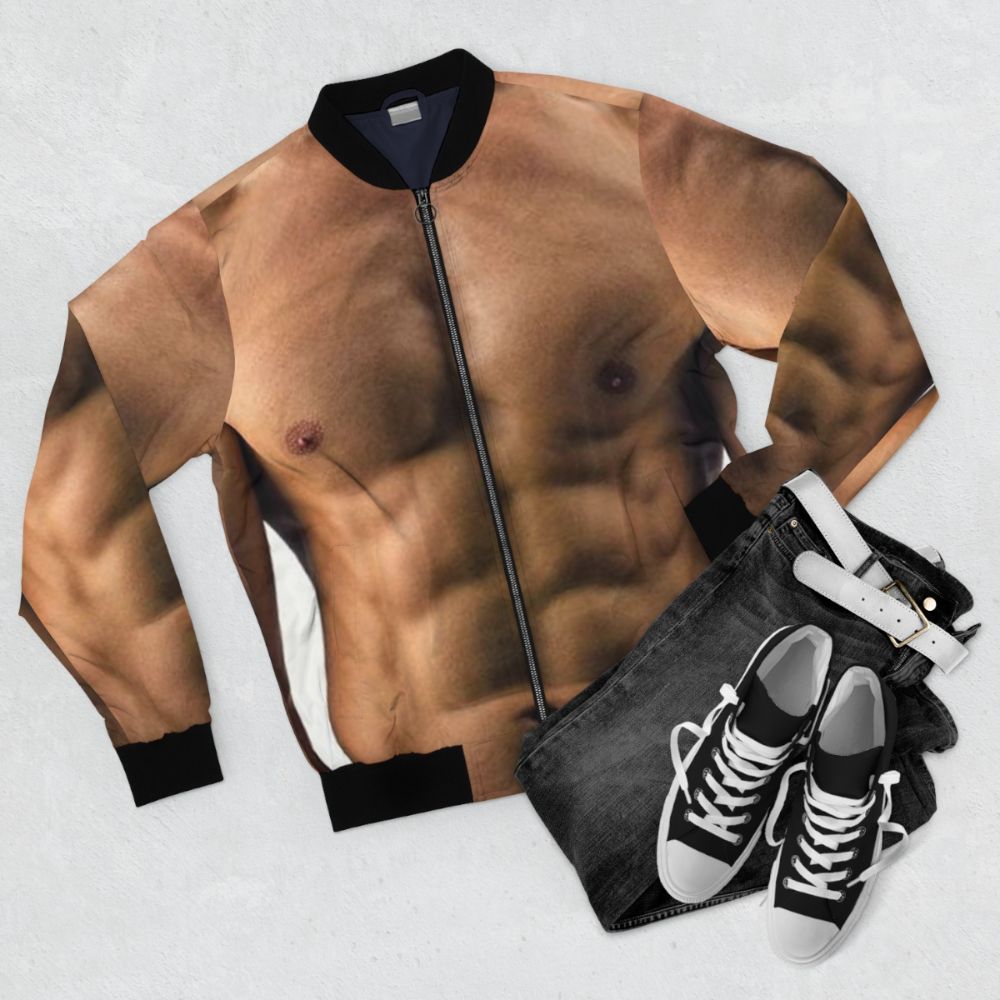 Muscle man 6 pack abs bomber jacket with fitness and bodybuilding design - Flat lay