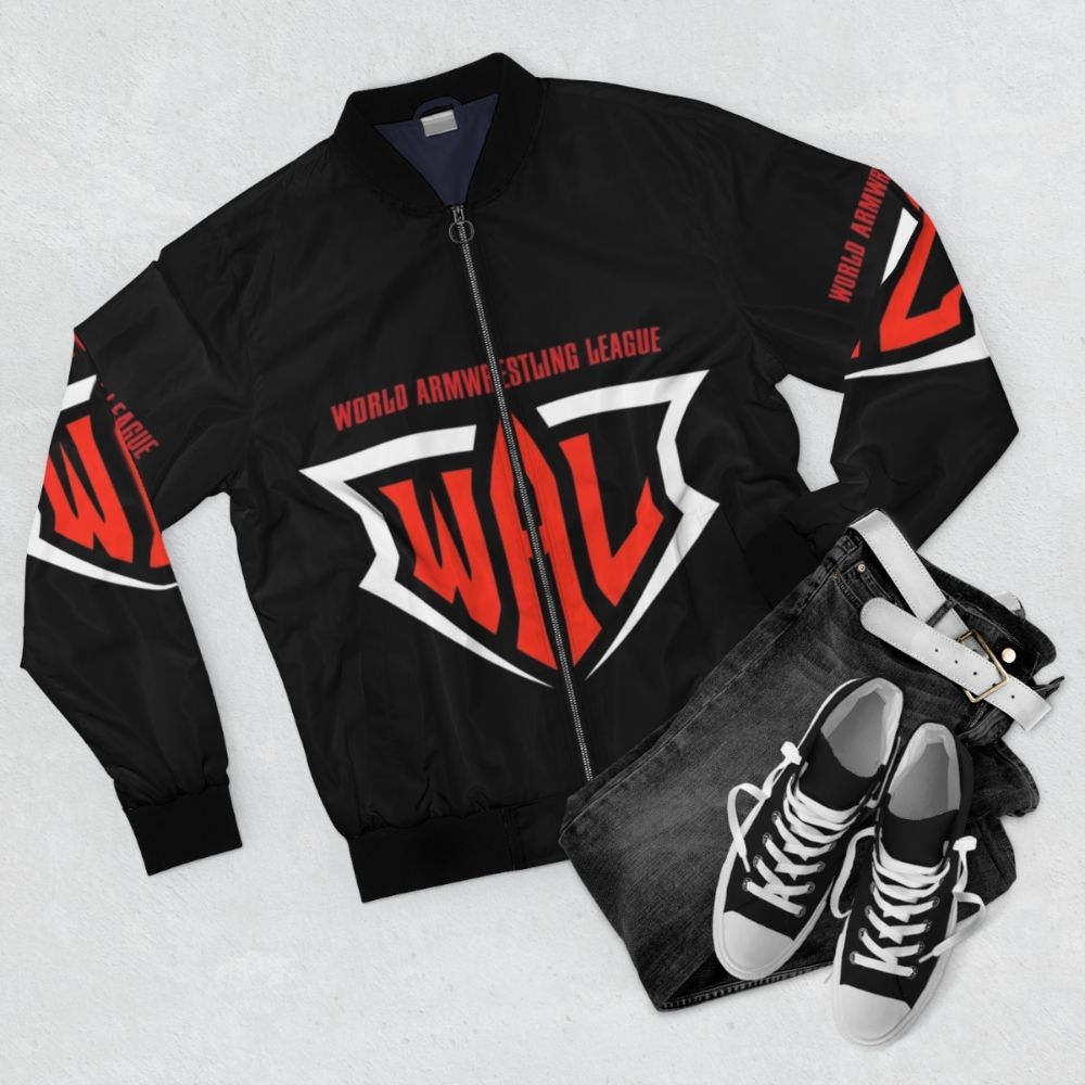 Arm Wrestling Bomber Jacket - Sports Wear for Wrestlers and Athletes - Flat lay