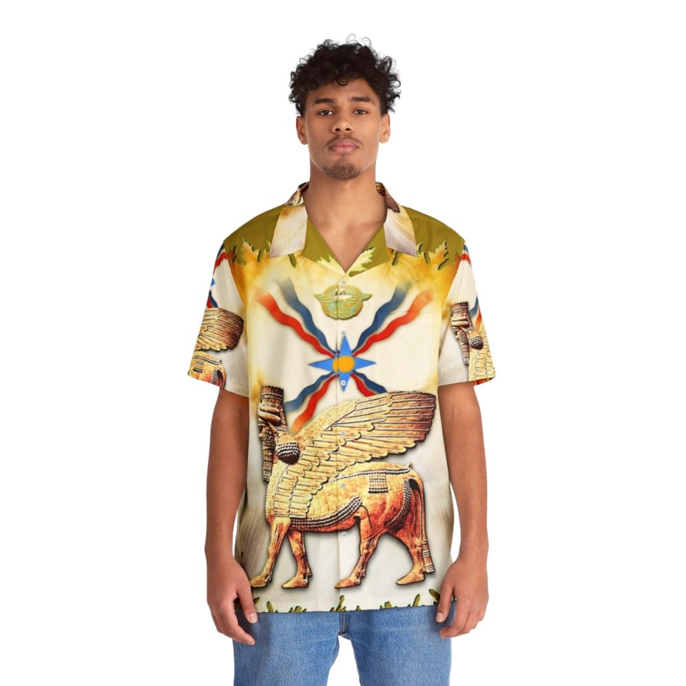 Assyrian Hawaiian Shirt featuring Lamassu Winged Bull Design - People Front