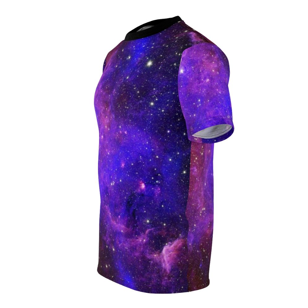 Vibrant cosmic galaxy design t-shirt with a colorful print of stars, nebulae, and other celestial bodies - men left