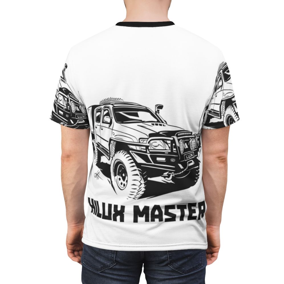 Toyota Hilux inspired adventure all-over print t-shirt with offroad and 4x4 design elements - men back