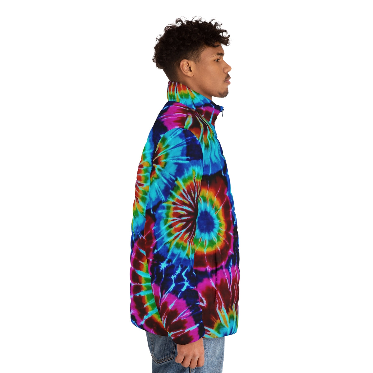 Tie dye puffer jacket with an abstract, colorful pattern - men side right