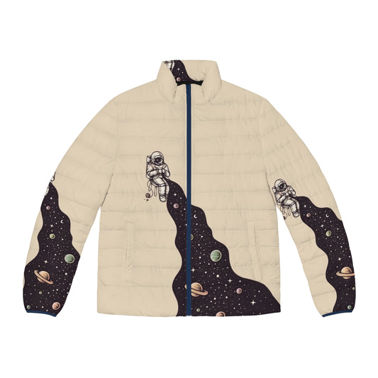 Puffer jacket with cosmic space design featuring astronauts, planets, and stars