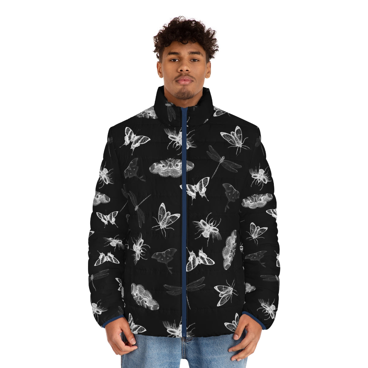 Puffer jacket with a nightmare-inducing bug pattern design - men front