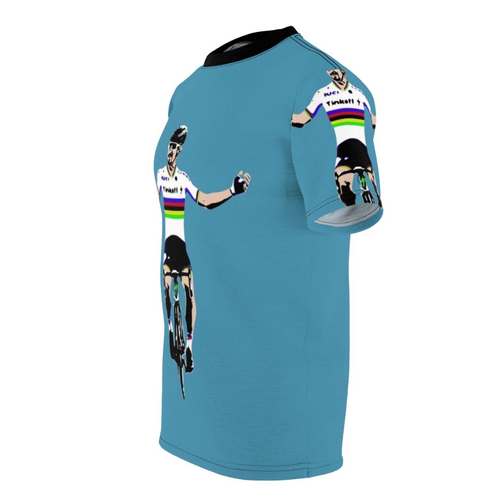 Cycling enthusiast wearing a Peter Sagan-inspired t-shirt - men left