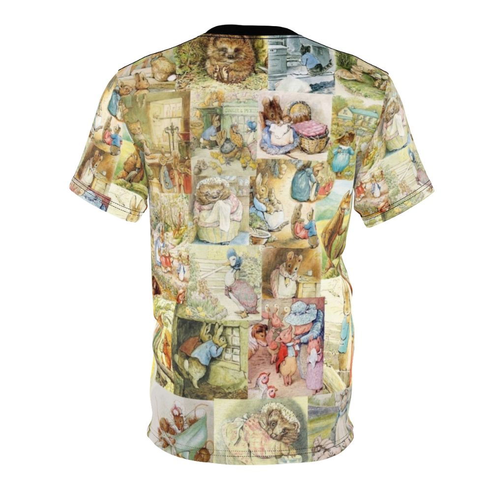 Collage T-shirt featuring a whimsical design inspired by the works of Beatrix Potter, including characters like Peter Rabbit and Jemima Puddle-Duck. - Back