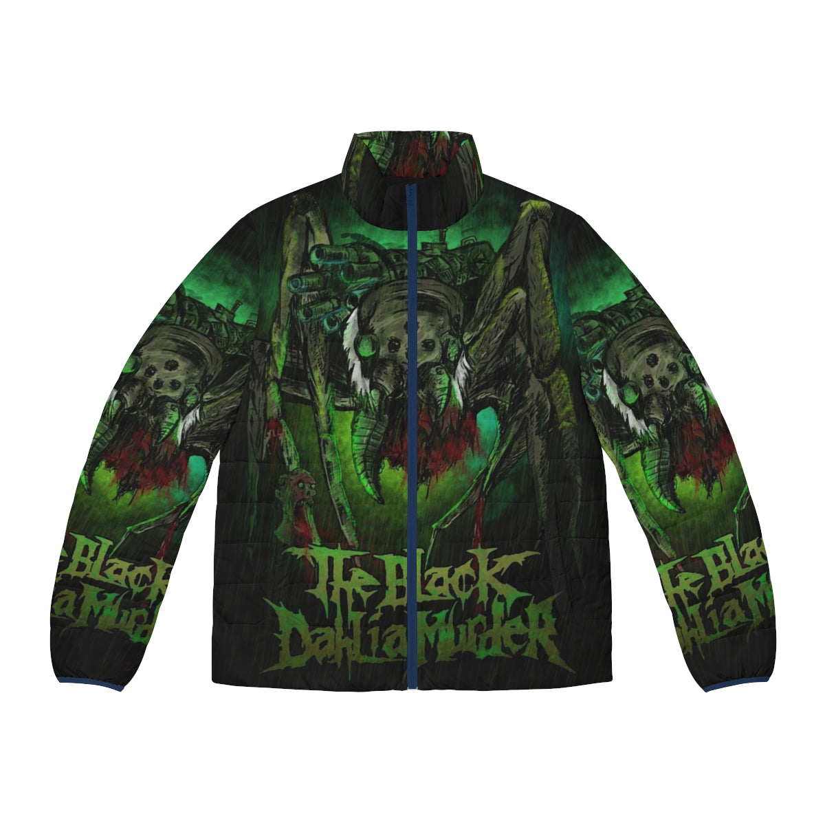 The Black Dahlia Murder metalcore puffer jacket with distressed apocalyptic-inspired design