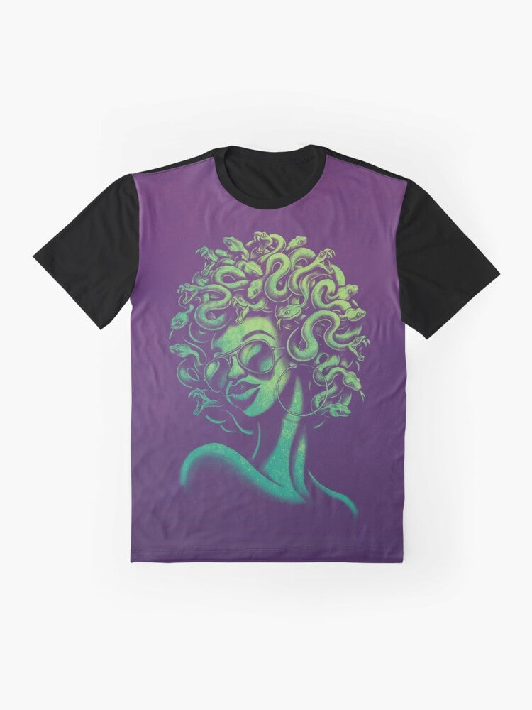 A funky and retro-inspired graphic t-shirt featuring the mythical Medusa character with an afro hairstyle and aviator sunglasses. - Flat lay