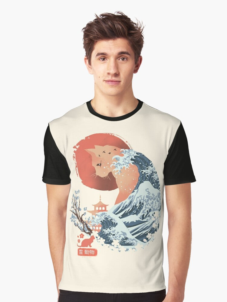 Anime-style cat graphic illustration on a t-shirt, featuring a Japanese ukiyo-e inspired cat design. - Men