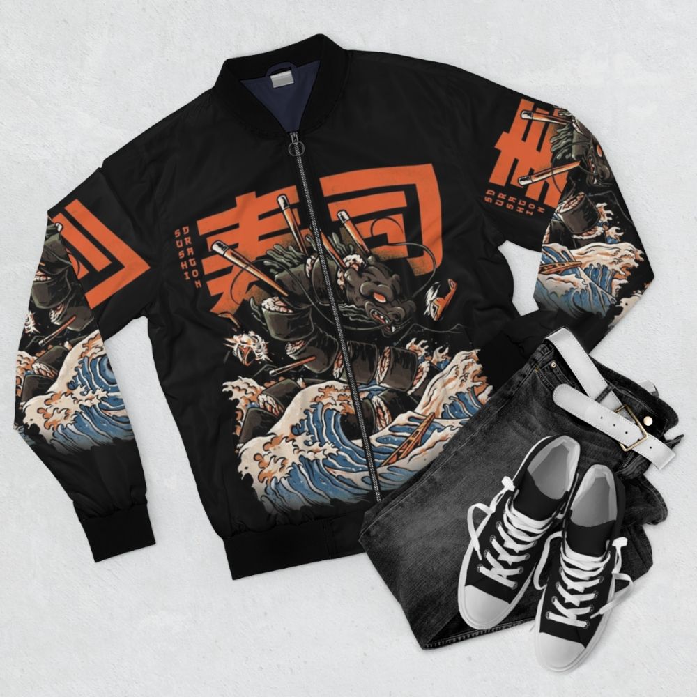 Anime-inspired dragon and sushi design on a black bomber jacket - Flat lay