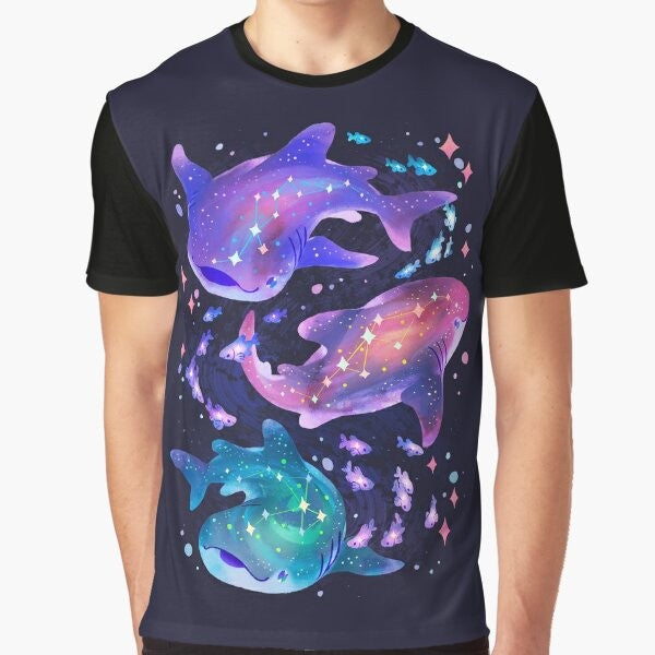 A cosmic-themed t-shirt design featuring a purple whale shark swimming among the stars.