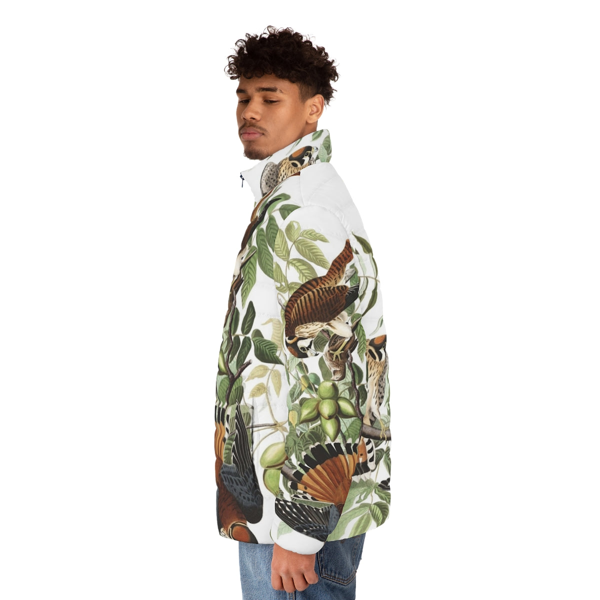 American Kestrel bird print on a puffer jacket, inspired by Audubon's wildlife art - men side left