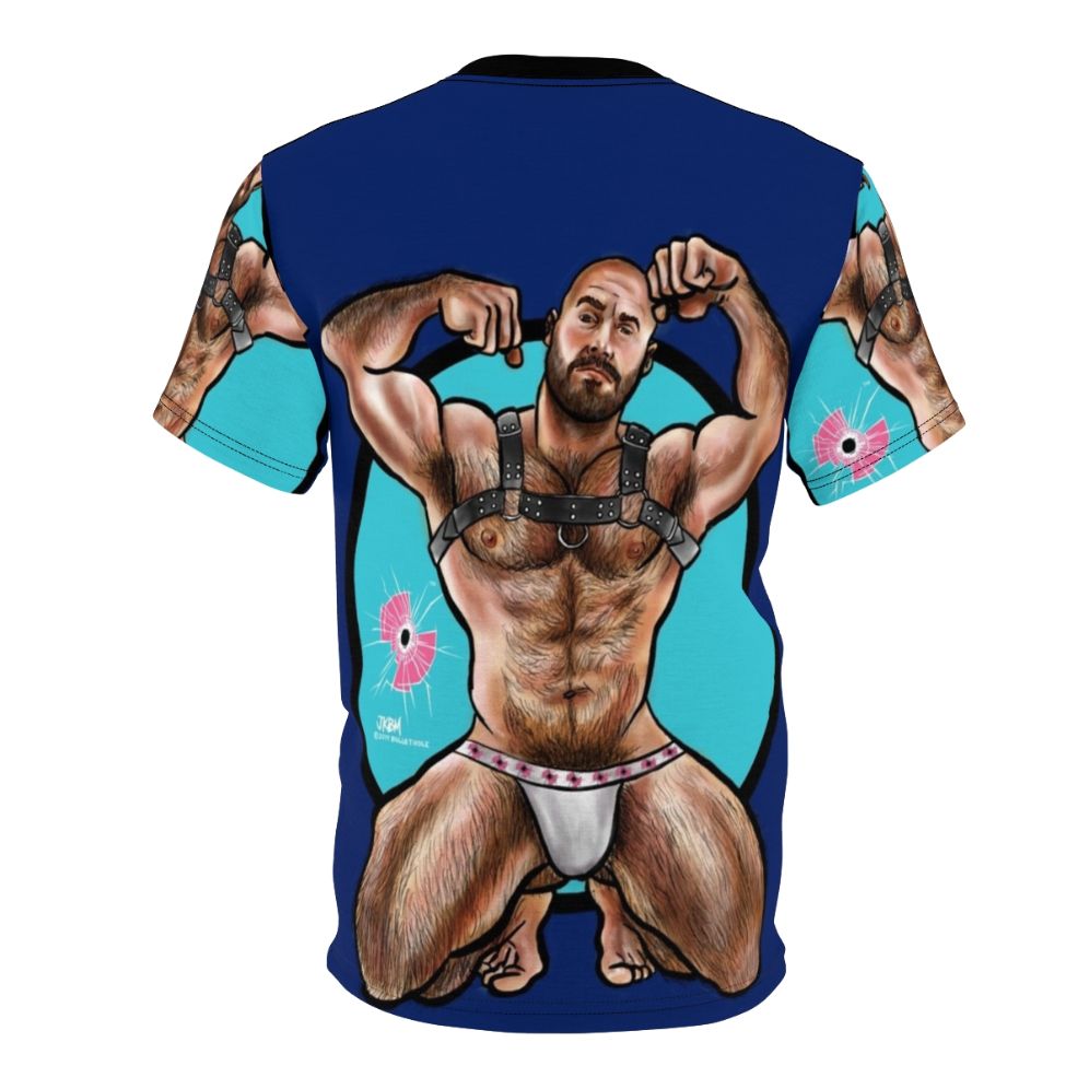 Muscular and hairy male figure wearing a bullethole-patterned t-shirt - Back