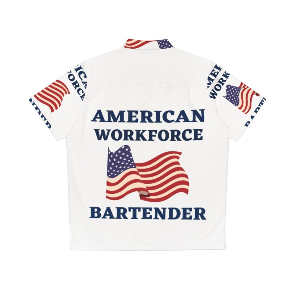 Bartender wearing patriotic Hawaiian shirt with American flag design - Back