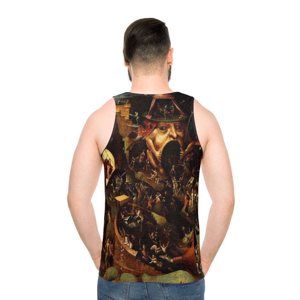 Unisex tank top featuring Hieronymus Bosch's "Christ in Limbo" painting - men back