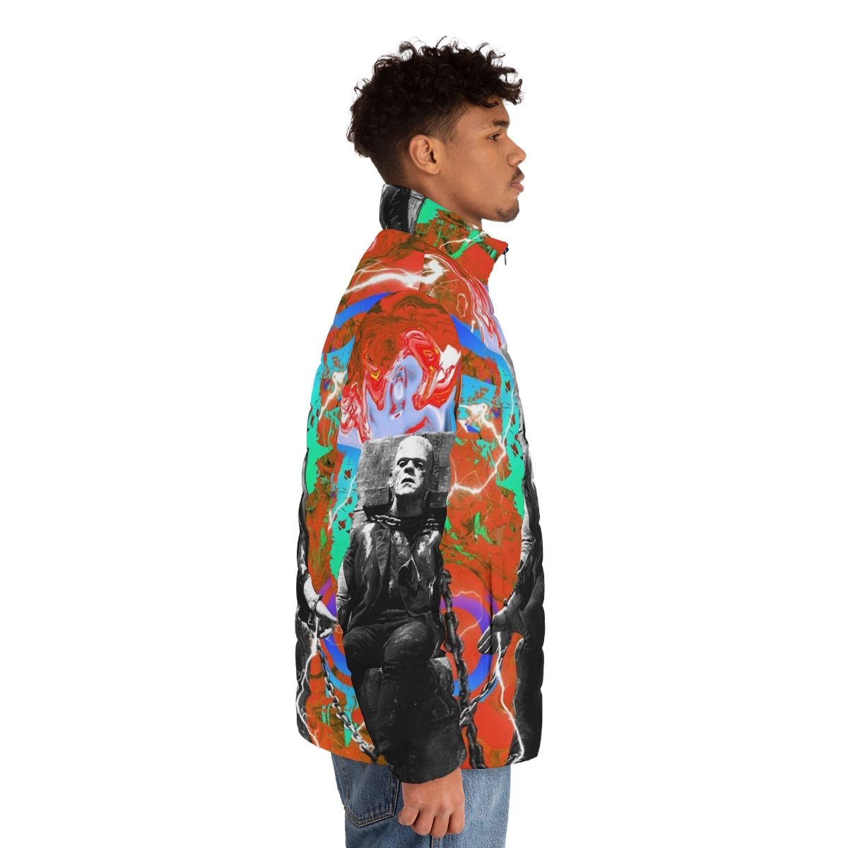 Frankenstein-inspired puffer jacket with a modern, colorful design - men side right