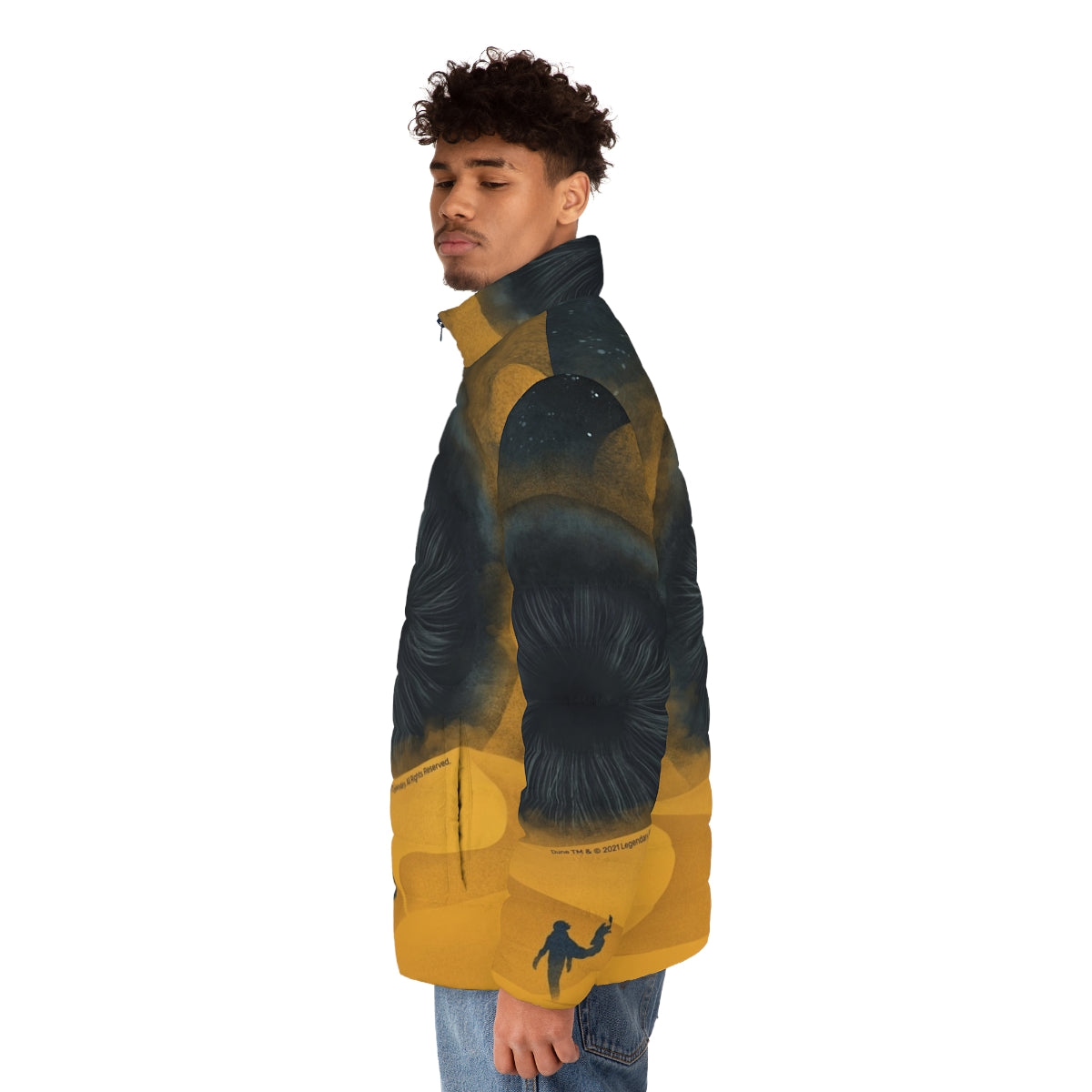 A yellow puffer jacket inspired by the Shai Hulud sand worms from the Dune movie - men side left