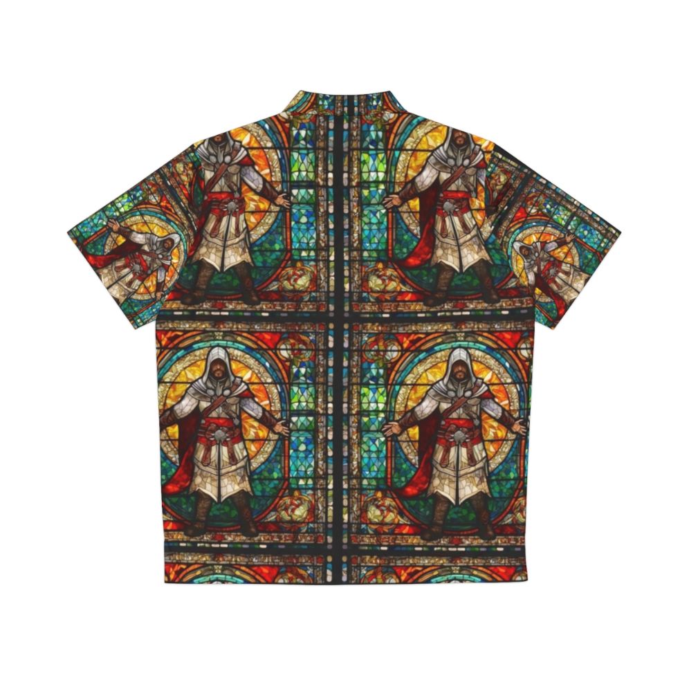 Assassin's Creed stained glass mosaic Hawaiian shirt with vibrant colors and iconic game character - Back