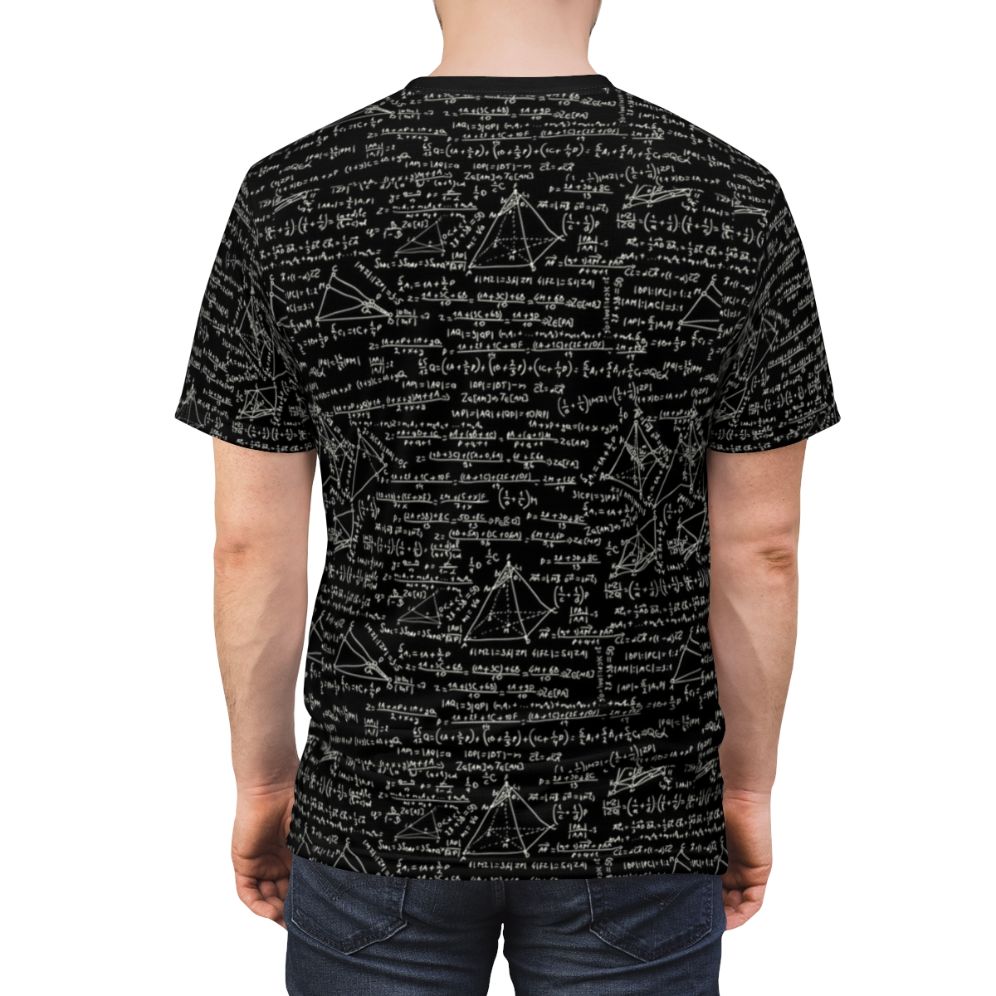 Closeup of a t-shirt featuring various mathematical equations and physics symbols - men back